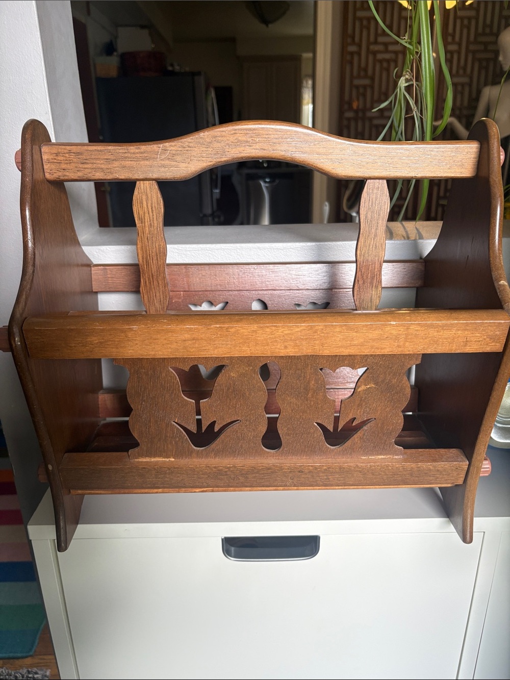 Vintage Wood MCM Magazine Rack Tulip Cut Out Design Retro
